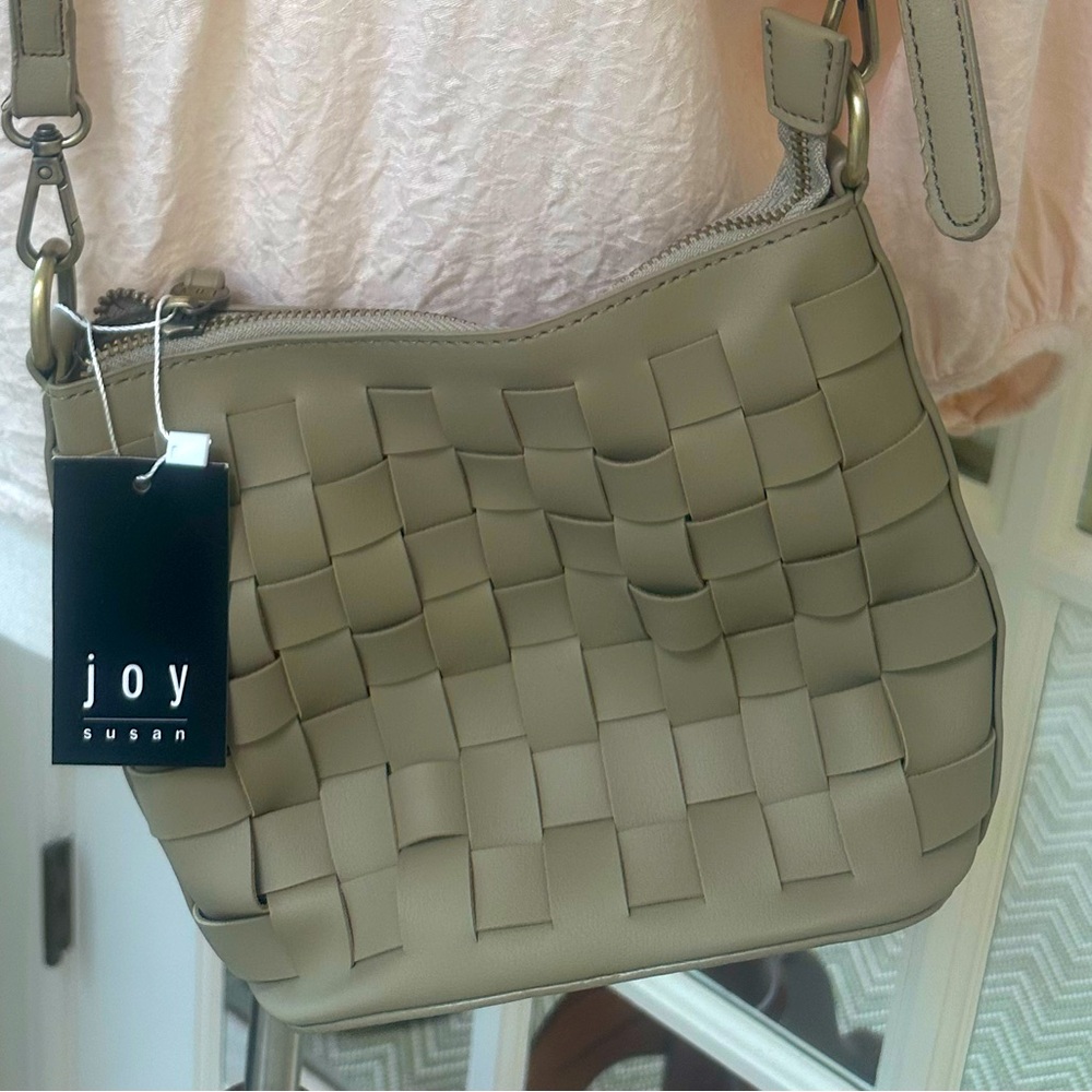 Joy Susan Vegan Leather Maci Woven Cossbody Bucket Bag Sage / Tan Zip Closure
